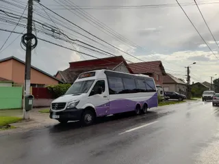 Un minibus alb și violet circulă pe un drum asfaltat umed lângă câteva case și un stâlp de utilități sub un cer înnorat.
