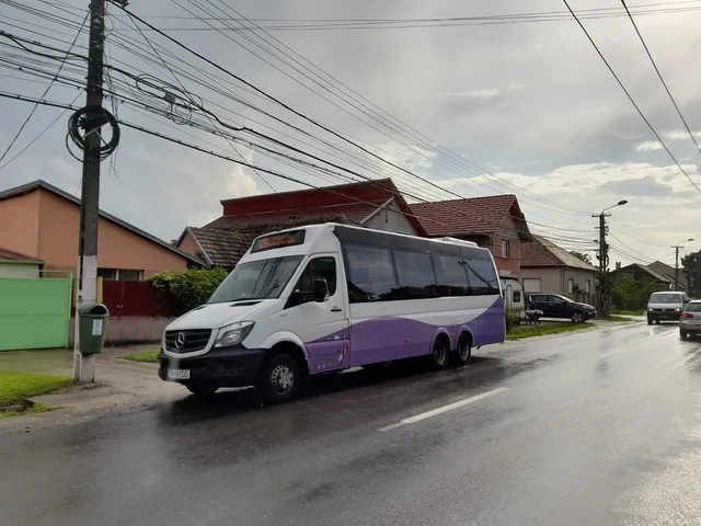 Un minibus alb și violet circulă pe un drum asfaltat umed lângă câteva case și un stâlp de utilități sub un cer înnorat.