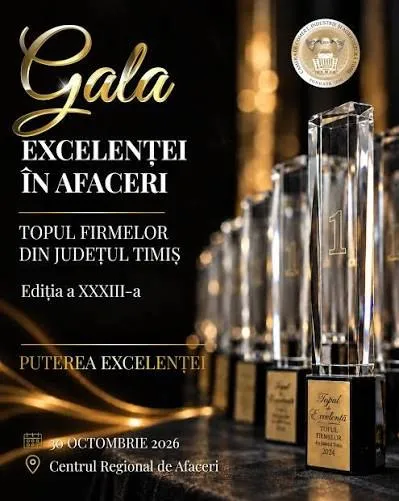 O afișă promotională pentru Gala Excelenței în Afaceri, cu trofee din sticlă pe fundal întunecat și text alb și auriu.