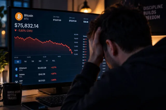 Un bărbat cu mâinile la cap privește un monitor care afișează o scădere a valorii Bitcoin și a altor criptomonede.