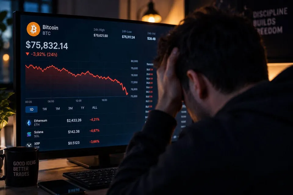 Un bărbat cu mâinile la cap privește un monitor care afișează o scădere a valorii Bitcoin și a altor criptomonede.