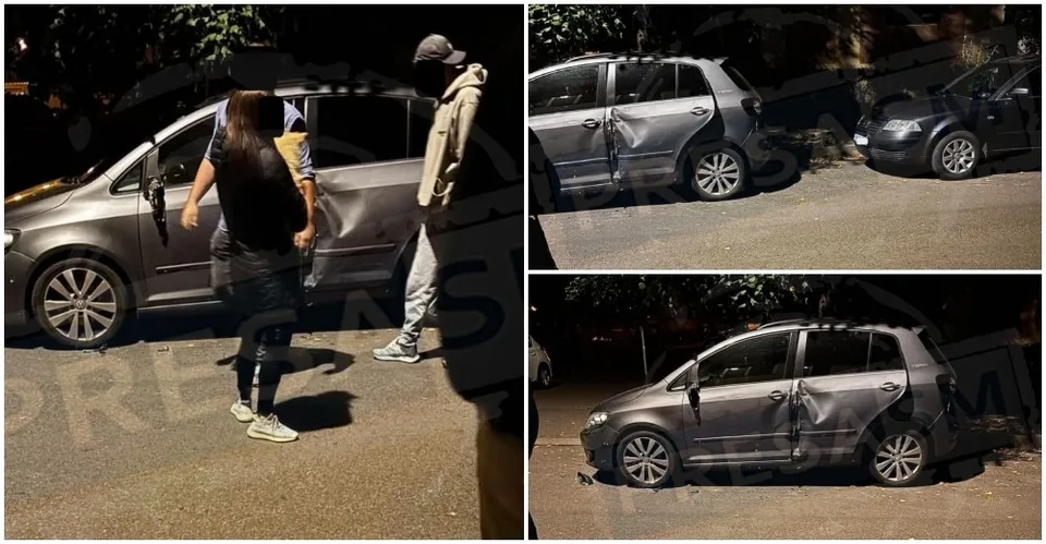 Două fotografii și un colaj arată un autoturism gri cu urme de impact pe portierele laterale, fiind observate două persoane lângă vehicul noaptea.
