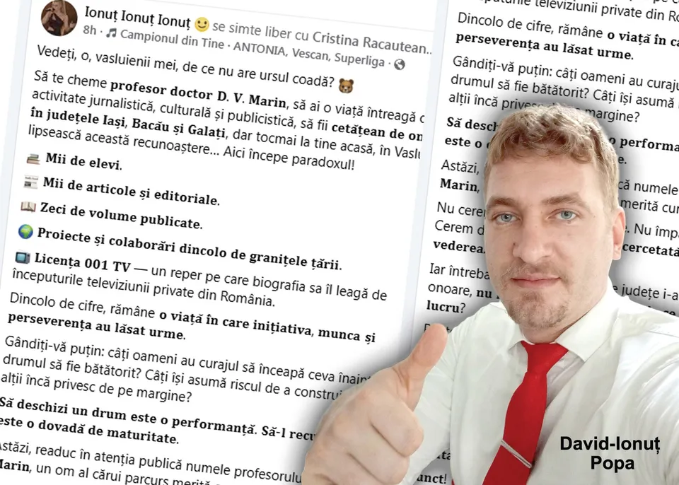 Un bărbat cu cămașă albă și cravată roșie face gestul cu degetul mare ridicat în fața unui text tipuit pe fundal alb.