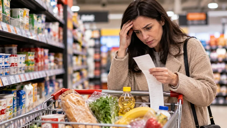 O femeie cu părul lung și haine bej privește un bon de plată într-un supermarket, stând lângă un cărucior plin cu produse alimentare.