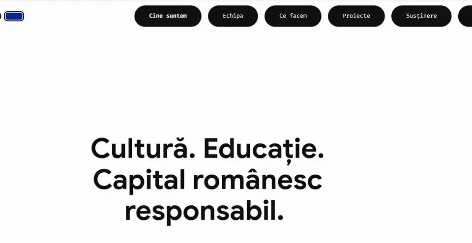 Textul negru pe fundal alb afișează cuvintele Cultură, Educație și Capital românesc responsabil, deasupra unor butoane negru cu margini rotunjite.