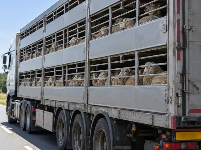 Un camion mare transportă mai multe animale cu lână prin compartimente metalice gri pe un drum asfaltat.