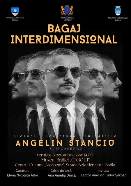 Un poster prezintă cinci portrete suprapuse ale unui bărbat cu ochelari de soare, cămașă albă și cravată neagră pe un fundal întunecat.