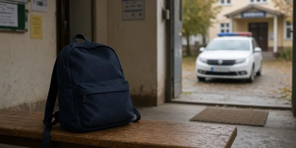 Un rucsac albastru este așezat pe o bancă de lemn în fața unei intrări, având o mașină de poliție parcată în fundal.