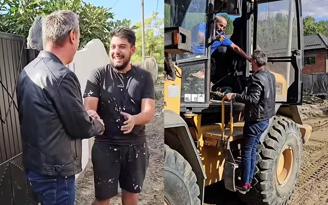 Două imagini suprapuse arată doi bărbați care se strâng de mână și un bărbat urcând pe o mașinărie de construcții galbenă.