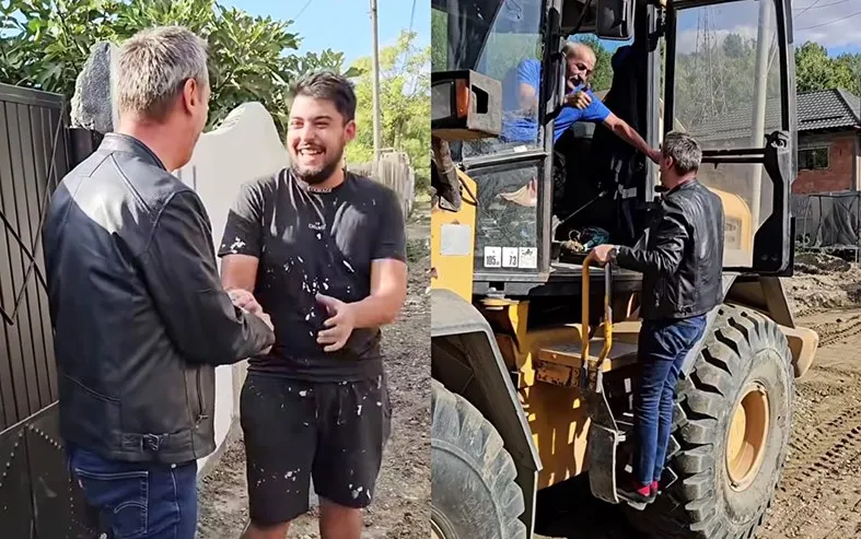 Două imagini suprapuse arată doi bărbați care se strâng de mână și un bărbat urcând pe o mașinărie de construcții galbenă.