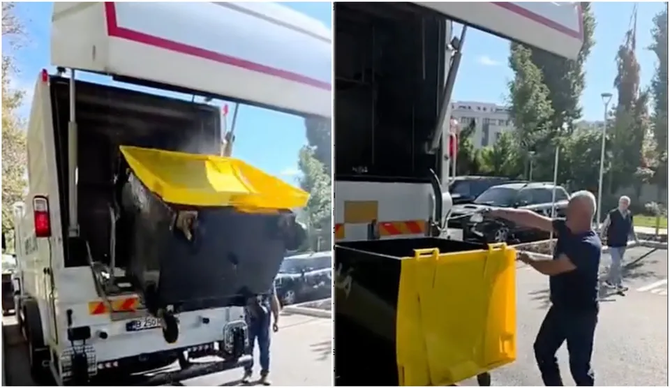 Un bărbat în tricou închis și pantaloni închiși ridică o pubelă neagră cu capac galben de la partea din spate a unui autovehicul alb.