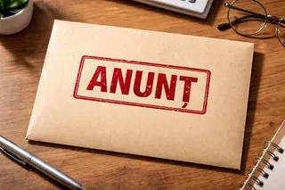 Pe o masă de lemn se află un plic maro cu ștampila roșie „ANUNȚ”, un pix, ochelari, un carnet și un ghiveci mic.