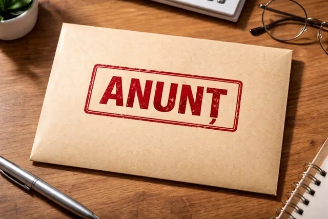 Pe o masă de lemn se află un plic maro cu ștampila roșie „ANUNȚ”, un pix, ochelari, un carnet și un ghiveci mic.