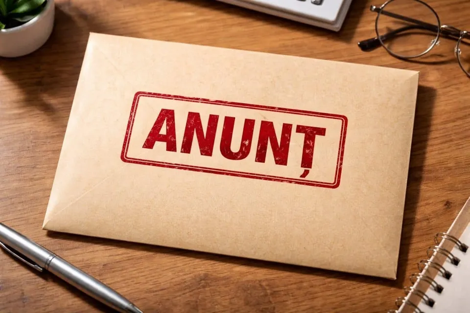 Pe o masă de lemn se află un plic maro cu ștampila roșie „ANUNȚ”, un pix, ochelari, un carnet și un ghiveci mic.
