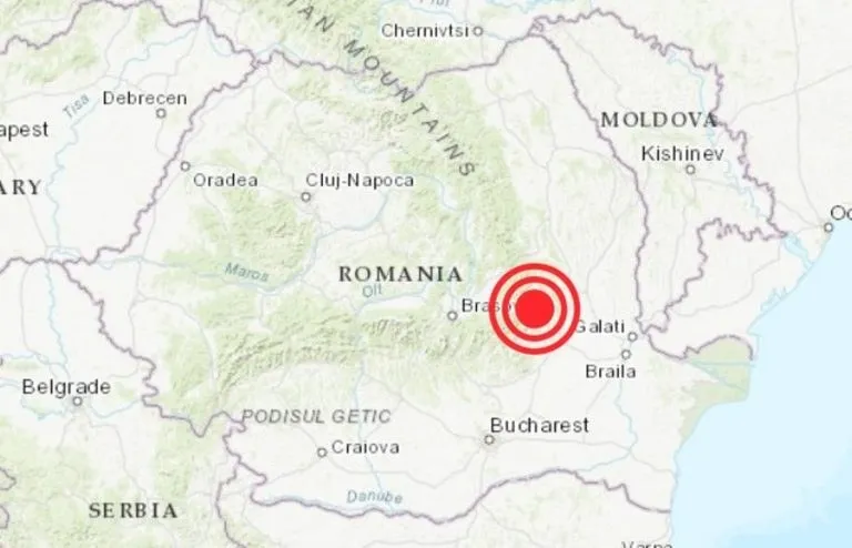 O hartă a României și a țărilor vecine prezintă un cerc concentric roșu situat în partea de est a țării.