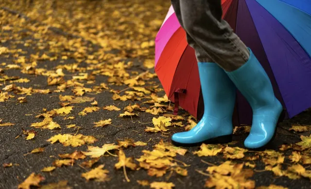 O persoană poartă cizme de cauciuc albastre și pantaloni gri, stând lângă o umbrelă colorată pe un asfalt acoperit de frunze galbene.