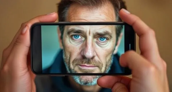 O pereche de mâni ține un smartphone care afișează o poză a unei fețe de bărbat cu ochii albaștri și barba grizonată, pe un fundal de perete bej.