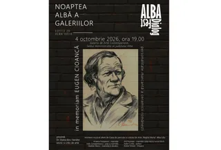 Un afiș negru cu text alb și un desen al unui bărbat cu părul lung și haine cu guler.