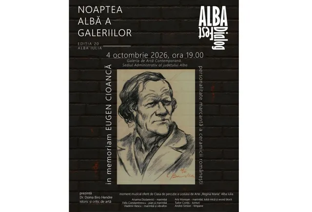 Un afiș negru cu text alb și un desen al unui bărbat cu părul lung și haine cu guler.