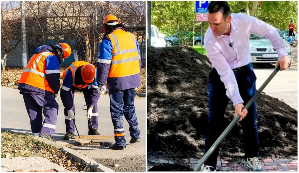 Un bărbat într-o cămașă albă și pantaloni închiși folosește o lopată pe un munte de pământ, alături de trei lucrători în echipament de protecție portocaliu și albastru.