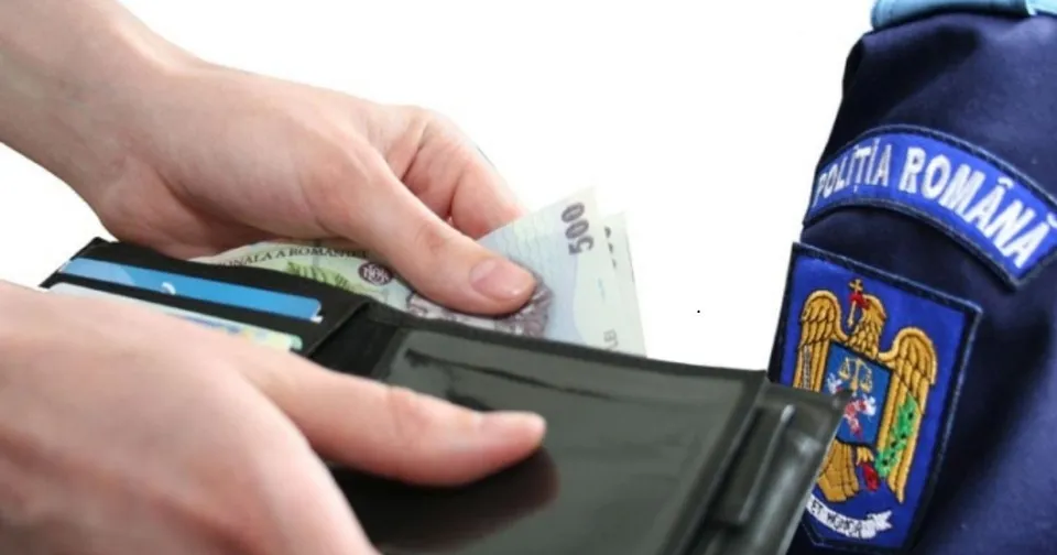 O mână introduce bancnote de 500 într-un portofel deschis, în timp ce o altă persoană poartă o uniformă cu emblema Poliția Română pe umăr.