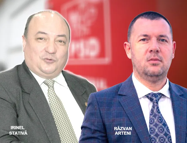 Un bărbat cu părul scurt poartă un sacou albastru cu model și o cravată cu modele circulare, fiind plasat în fața unui alt bărbat cu sacou gri și cravată deschisă.