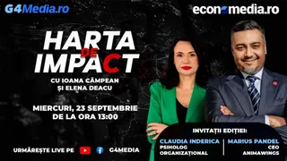 Afisul Negru afiseaza titlul Harta de Impact, doua femei si doi barbati pozati, cu logouri si detalii textuale colorate.