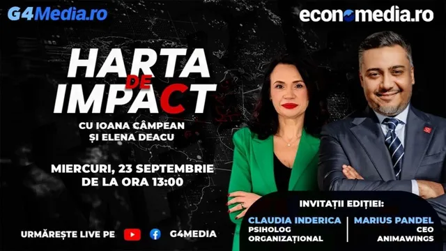 Afisul Negru afiseaza titlul Harta de Impact, doua femei si doi barbati pozati, cu logouri si detalii textuale colorate.