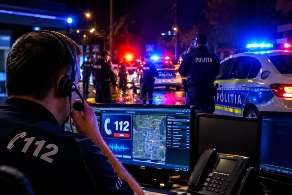 Un operator poartă căști și privește monitoarele unui centru de apeluri, în timp ce mașini de poliție cu lumini albastre sunt parcate în fundal.