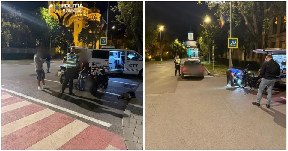 Două fotografii de noapte prezintă polițiști în veste reflectorizante lângă vehicule și motociclete pe o stradă urbană iluminată.