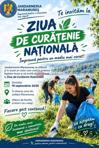 O femeie cu tricou negru și pantaloni albaștri adună deșeuri într-o pungă de plastic albastră pe un teren cu iarbă și vegetație.