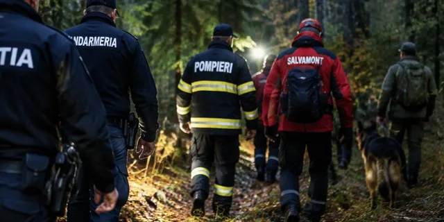 Un grup de persoane cu uniforme de salvamont, pompieri și jandarmi merge printr-o pădure densă, însoțite de un câine.