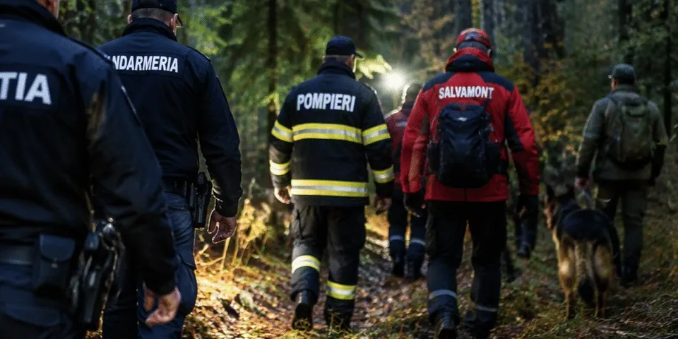 Un grup de persoane cu uniforme de salvamont, pompieri și jandarmi merge printr-o pădure densă, însoțite de un câine.