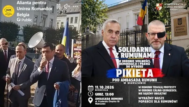 Un bărbat cu microfon de tip megafon vorbește în fața unui grup de oameni, lângă un steag și o clădire cu gard metalic.