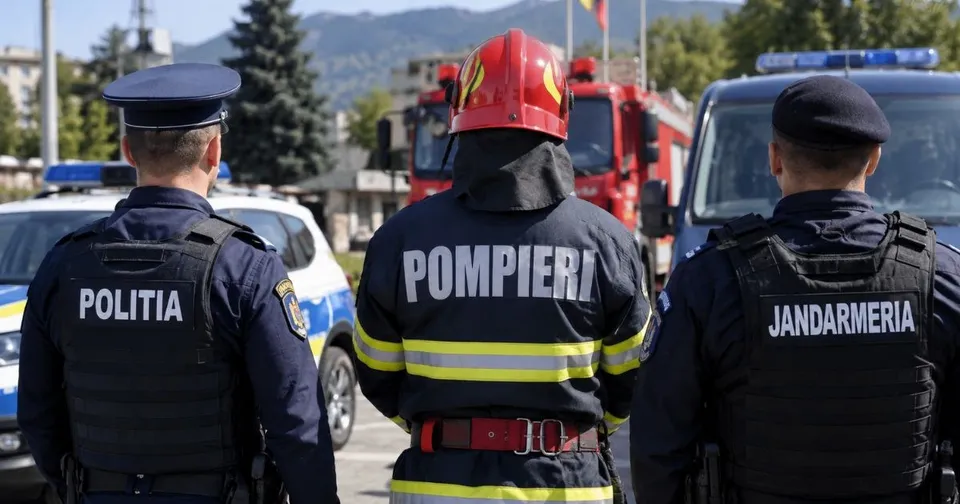 Trei bărbați în uniformă de poliție, pompier și jandarm stau cu spatele, privind spre mașini de serviciu și un camion de pompieri roșu.