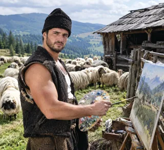 Un bărbat cu vestă de blană ține o paletă de pictură și o pensulă lângă un easel cu o pictură în fața unor oi.
