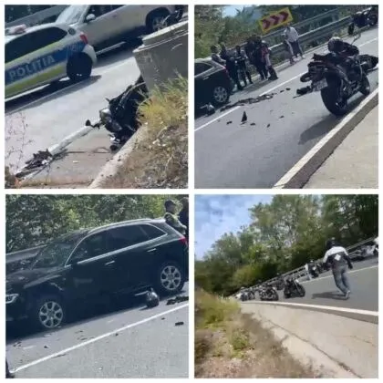 Patru fotografii de tip colaj prezintă un accident rutier cu motociclete, un autoturism și un vehicul de poliție pe un drum asfaltat.