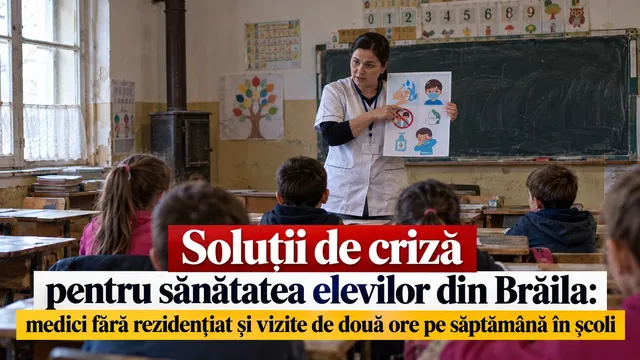 O femeie într-un halat alb prezintă un poster cu ilustrații unor fețe de copii în fața unui grup de elevi așezați la bănci într-o sală.