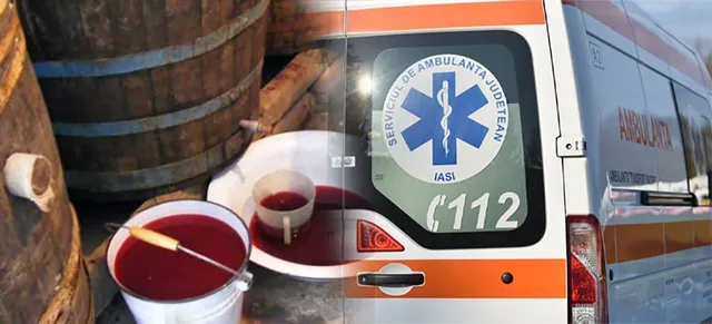 O imagine compusă prezintă butoaie de lemn, găleți cu lichid roșu și spatele unei ambulanțe albe cu marcaje portocalii.