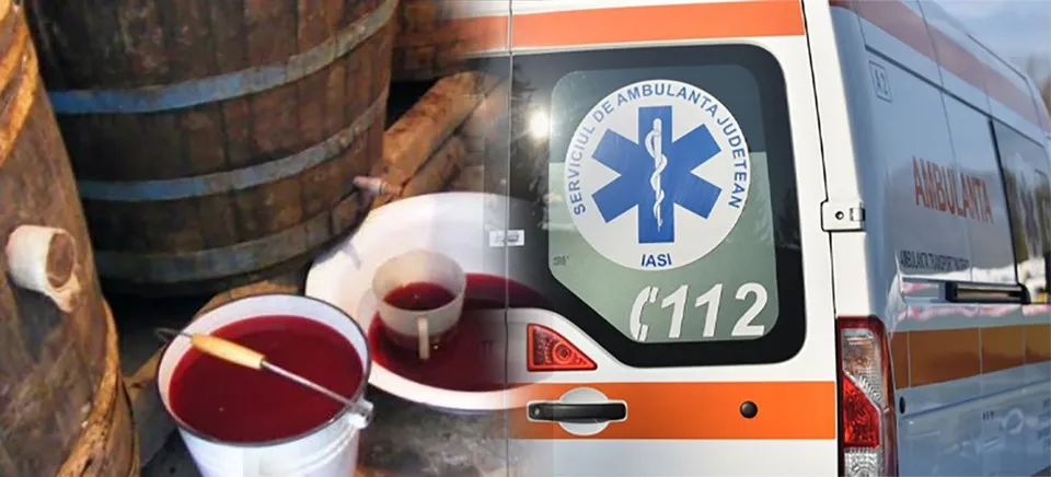 O imagine compusă prezintă butoaie de lemn, găleți cu lichid roșu și spatele unei ambulanțe albe cu marcaje portocalii.