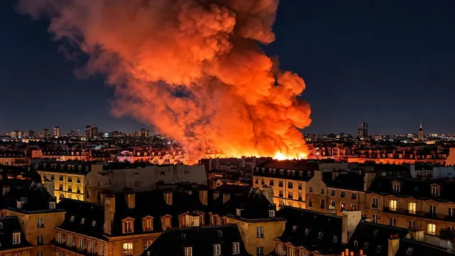O coloană densă de fum portocaliu se ridică deasupra unor clădiri urbane sub un cer nocturn întunecat.