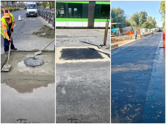 Un lucrător cu vestă reflectorizantă folosește o lopată pe un drum de beton lângă un manhole, alături de un tramvai și o porțiune de asfalt.