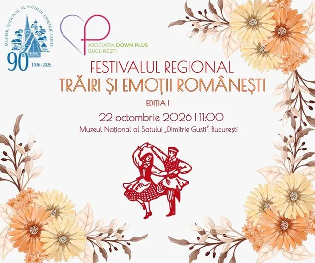 Un afiș alb cu flori portocalii și text colorat, prezentând o ilustrație centrală cu doi dansatori în costume populare.