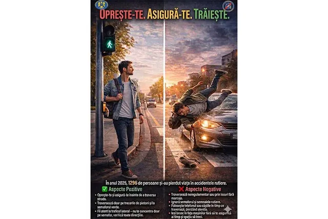 Un afiș informativ prezintă două scene contrastante: un pieton care traversează regulamentar și un pieton lovit de mașină, cu text despre siguranța rutieră.