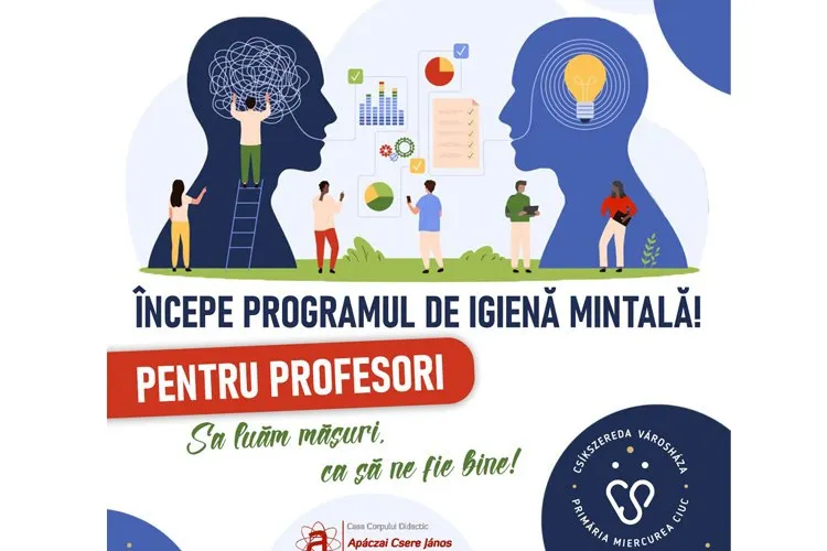 Ilustrație cu siluete de profil, grafice, un bulb și figuri umane mici pe un fundal alb cu text în limba română și maghiară.