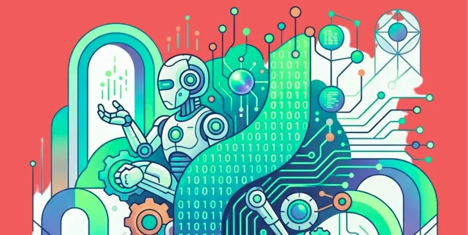 O ilustrație stilizată cu un robot alb și elemente tehnologice colorate pe un fundal roșu.