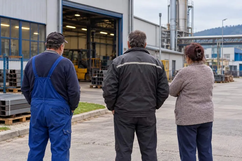 Trei persoane stau cu spatele, privind spre o clădire industrială și un utilaj de depozitare aflată pe un teren asfaltat.