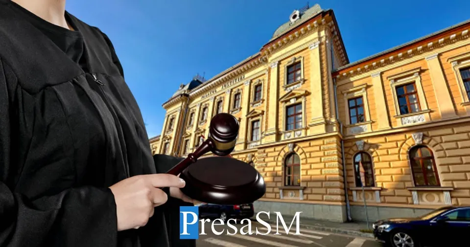 O persoană în robă neagră ține un ciocan de judecător în fața unei clădiri galbene cu ferestre multiple sub un cer senin.