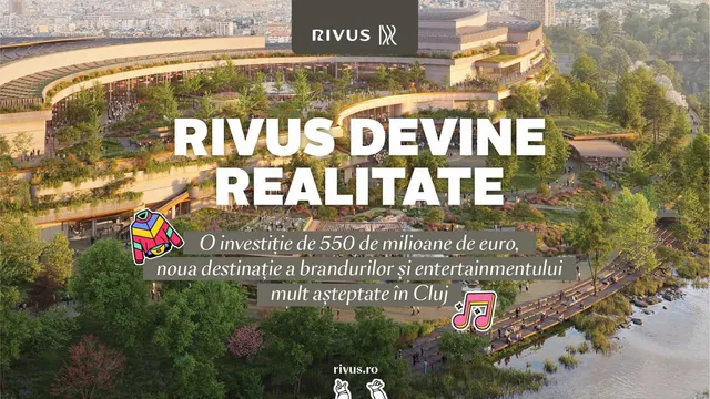O ilustrație digitală prezintă un complex arhitectural modern cu terase verzi, copaci și o zonă de apă lângă un râu.