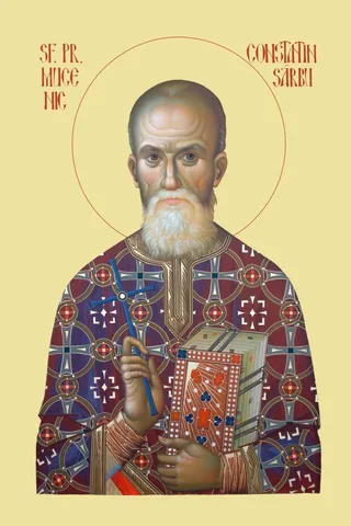 O iconă reprezintă un bărbat cu barbă albă, îmbrăcat în vestimentații liturgice ornamentate, ținând o carte în mână.
